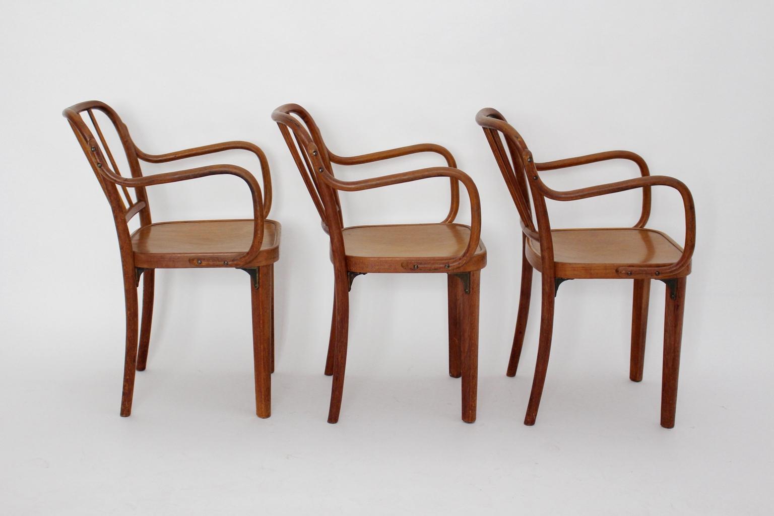 Chêne Art Deco Era Three Brown Vintage Armchairs attributed Josef Frank Vienna, 1930s en vente