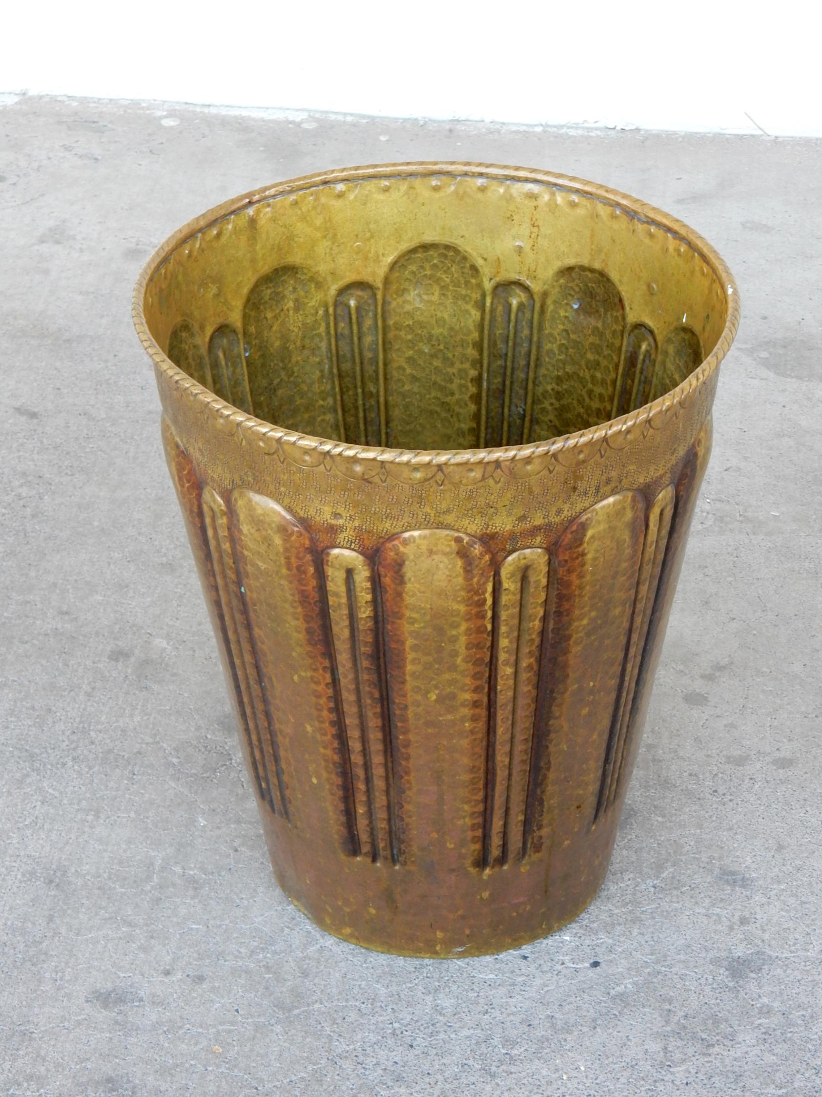 Art Deco Era Artisan Hammered Brass Cachepot For Sale 3