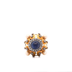 HairPin aus der Art-Déco-Ära mit blauem Saphir im Cabochon-Schliff, Perle und Diamant