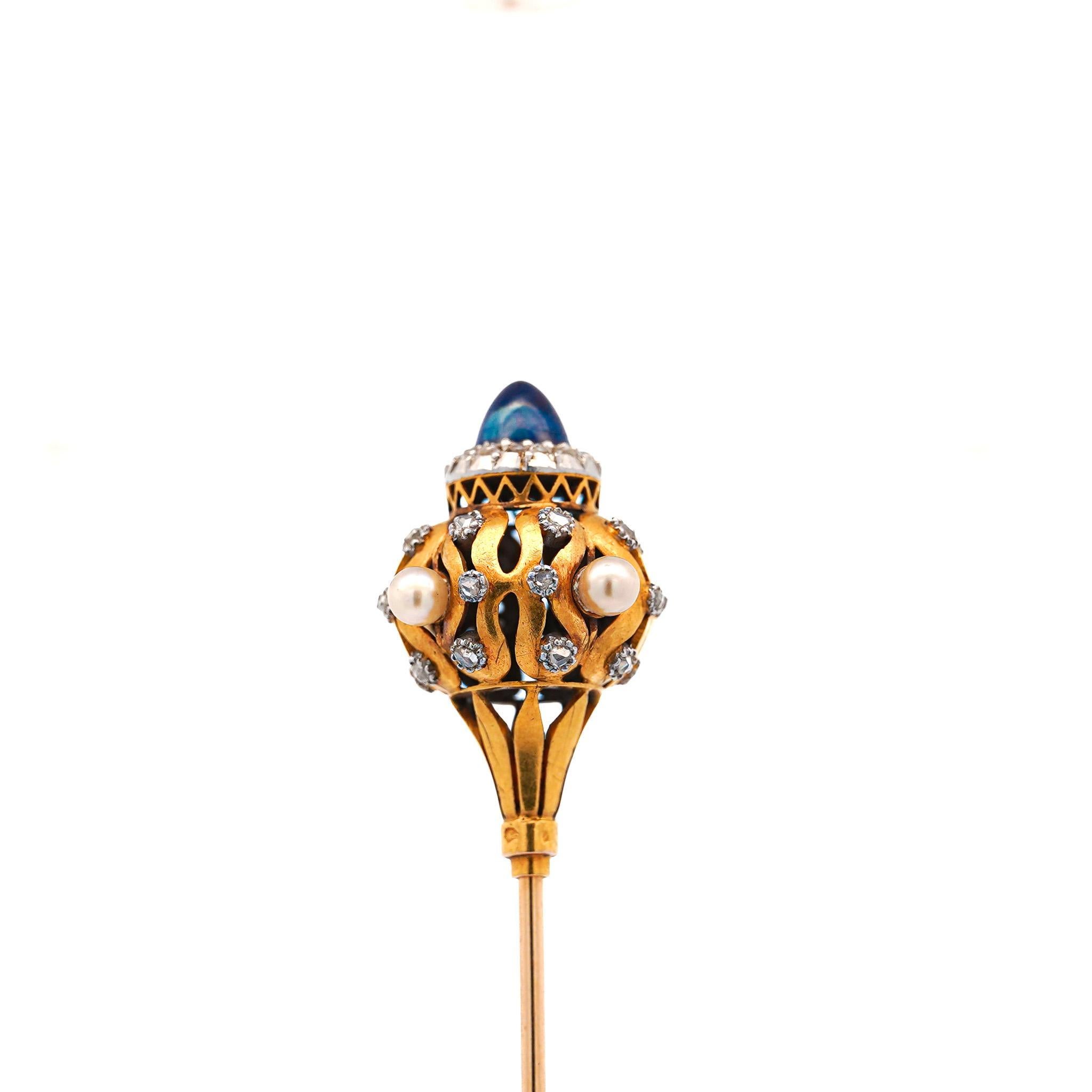 Art Deco Era Cabochon-Cut Blue Sapphire, Pearl, and Diamond HairPin In Excellent Condition For Sale In Miami, FL