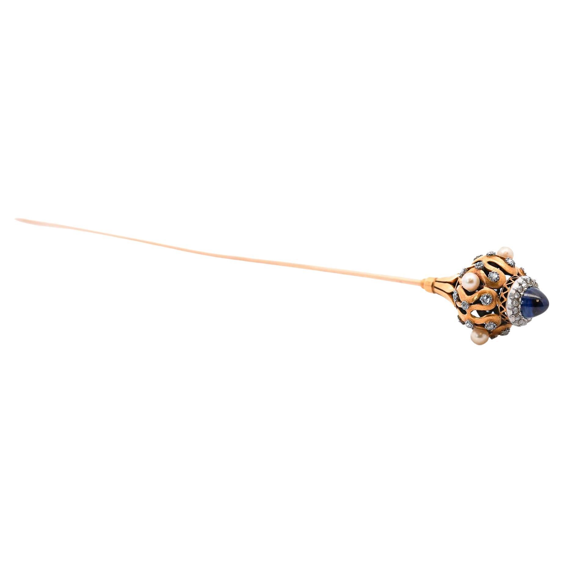 Art Deco Era Cabochon-Cut Blue Sapphire, Pearl, and Diamond HairPin For Sale