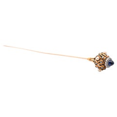 Art Deco Era Cabochon-Cut Blue Sapphire, Pearl, and Diamond HairPin