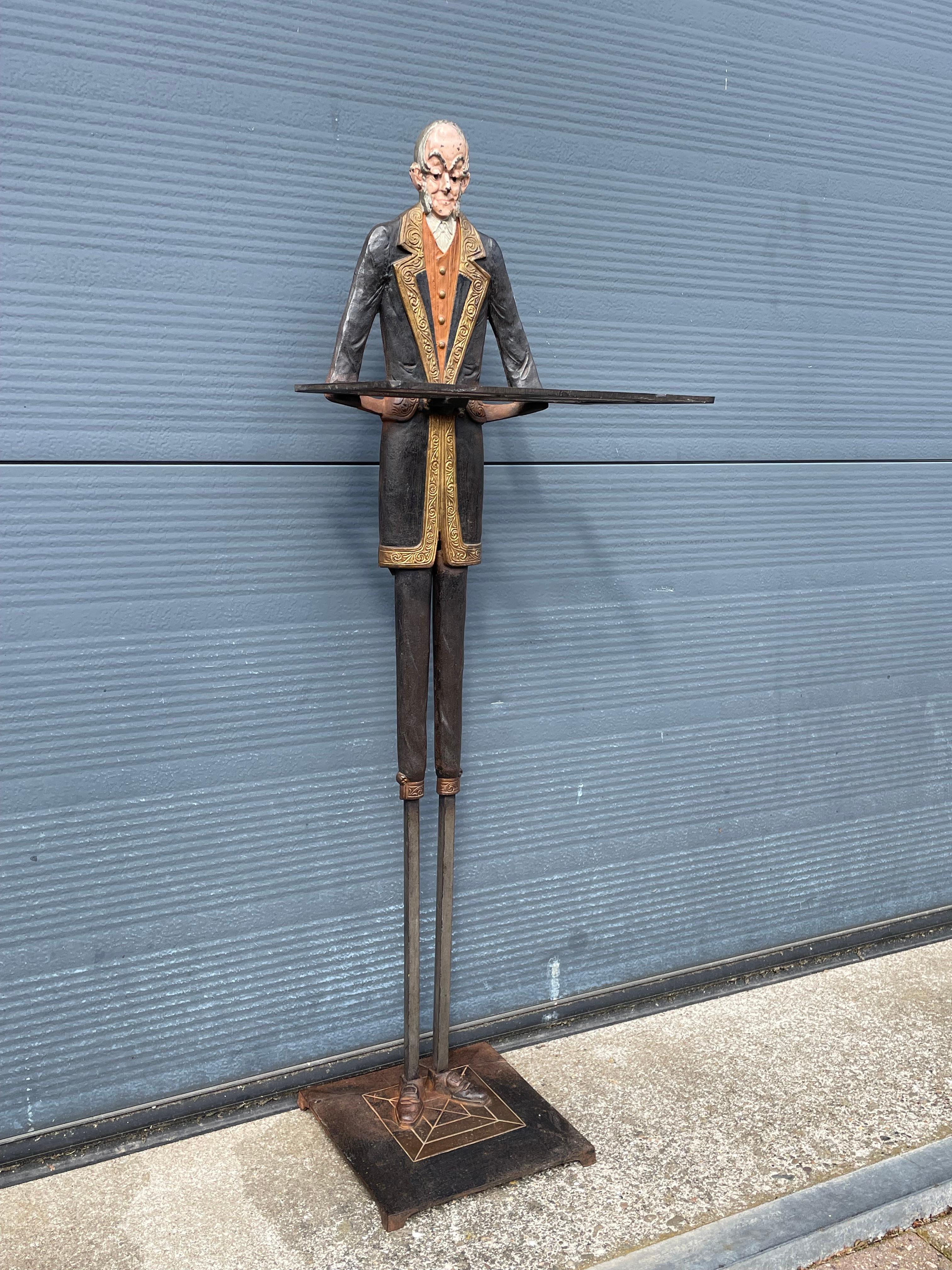 European Art Deco Era, Cast Iron Tray or Umbrella Stand w. Painted Servant Sculpture 1920 For Sale