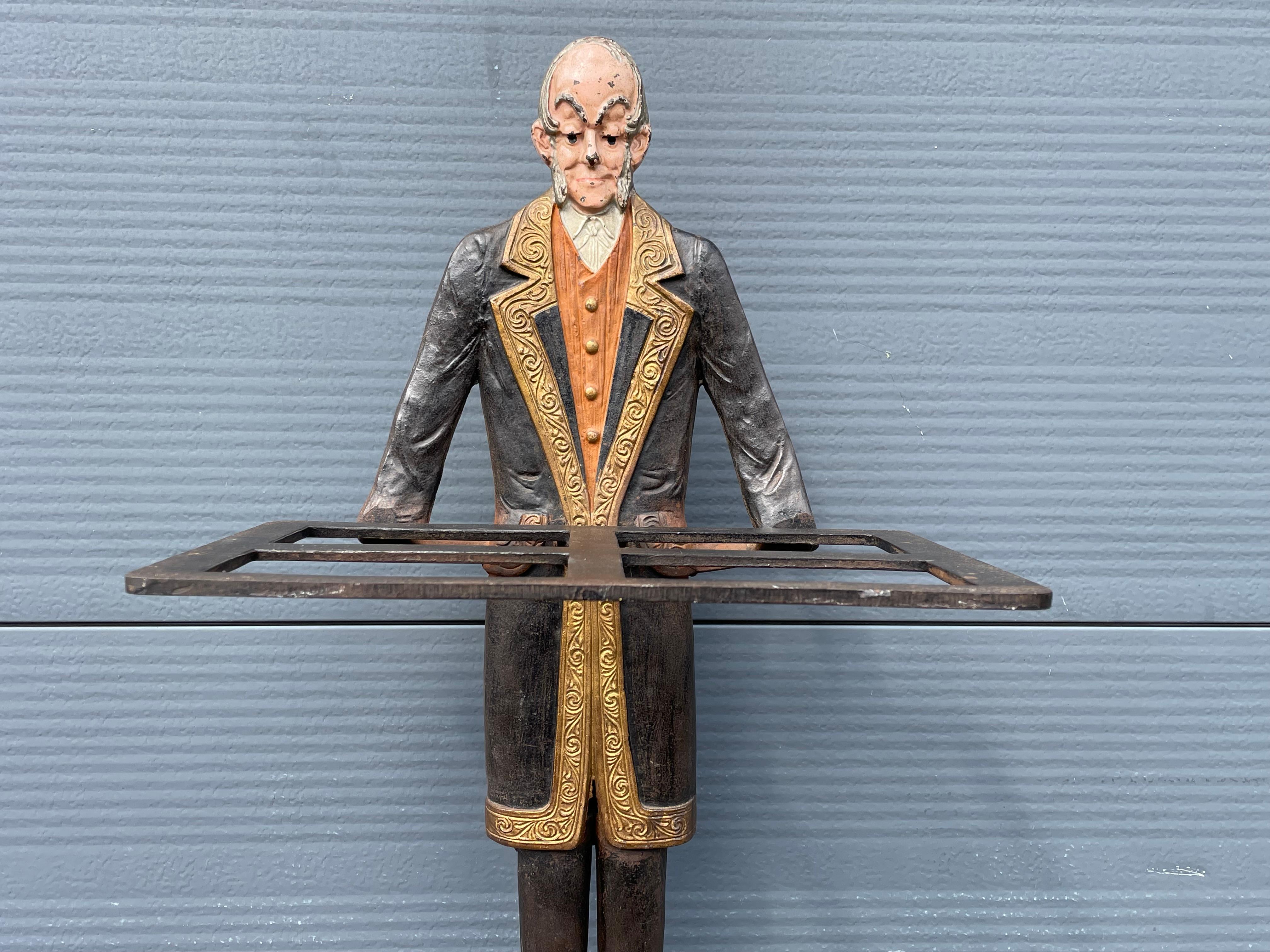 Blackened Art Deco Era, Cast Iron Tray or Umbrella Stand w. Painted Servant Sculpture 1920 For Sale