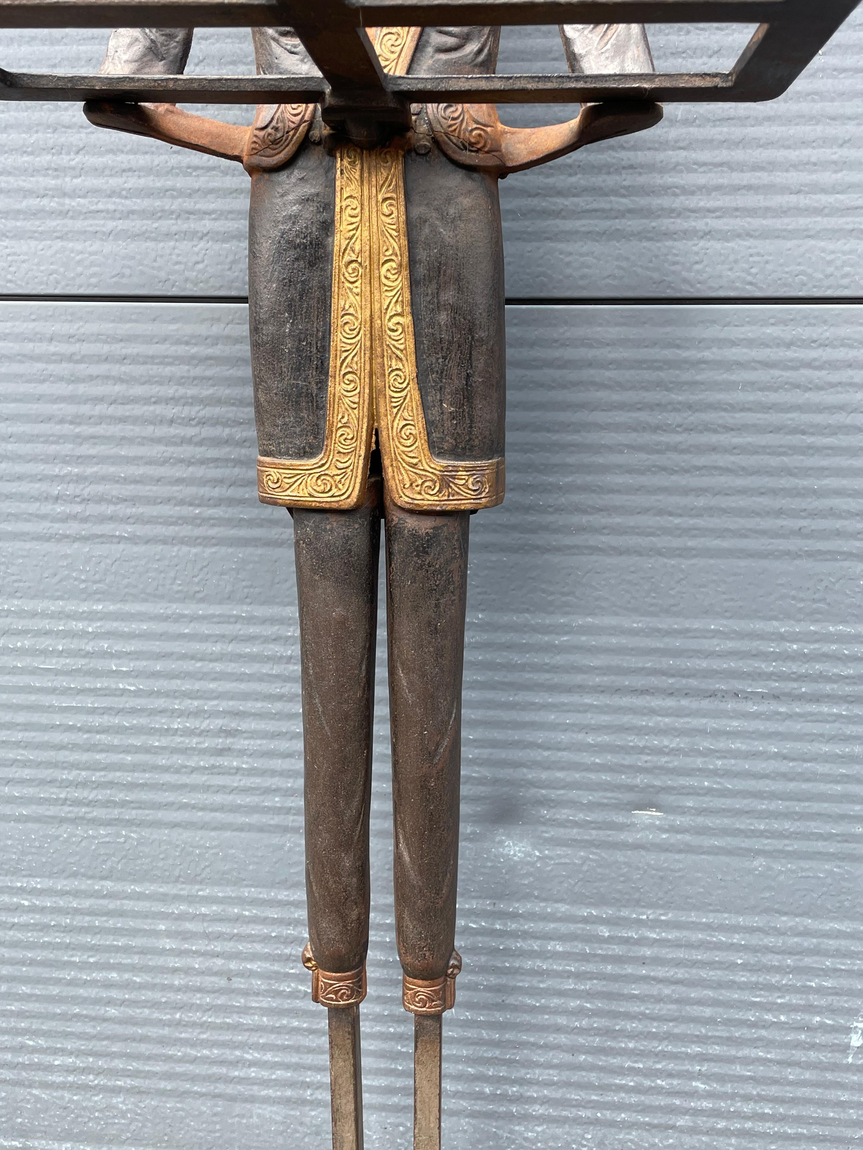 Metal Art Deco Era, Cast Iron Tray or Umbrella Stand w. Painted Servant Sculpture 1920 For Sale