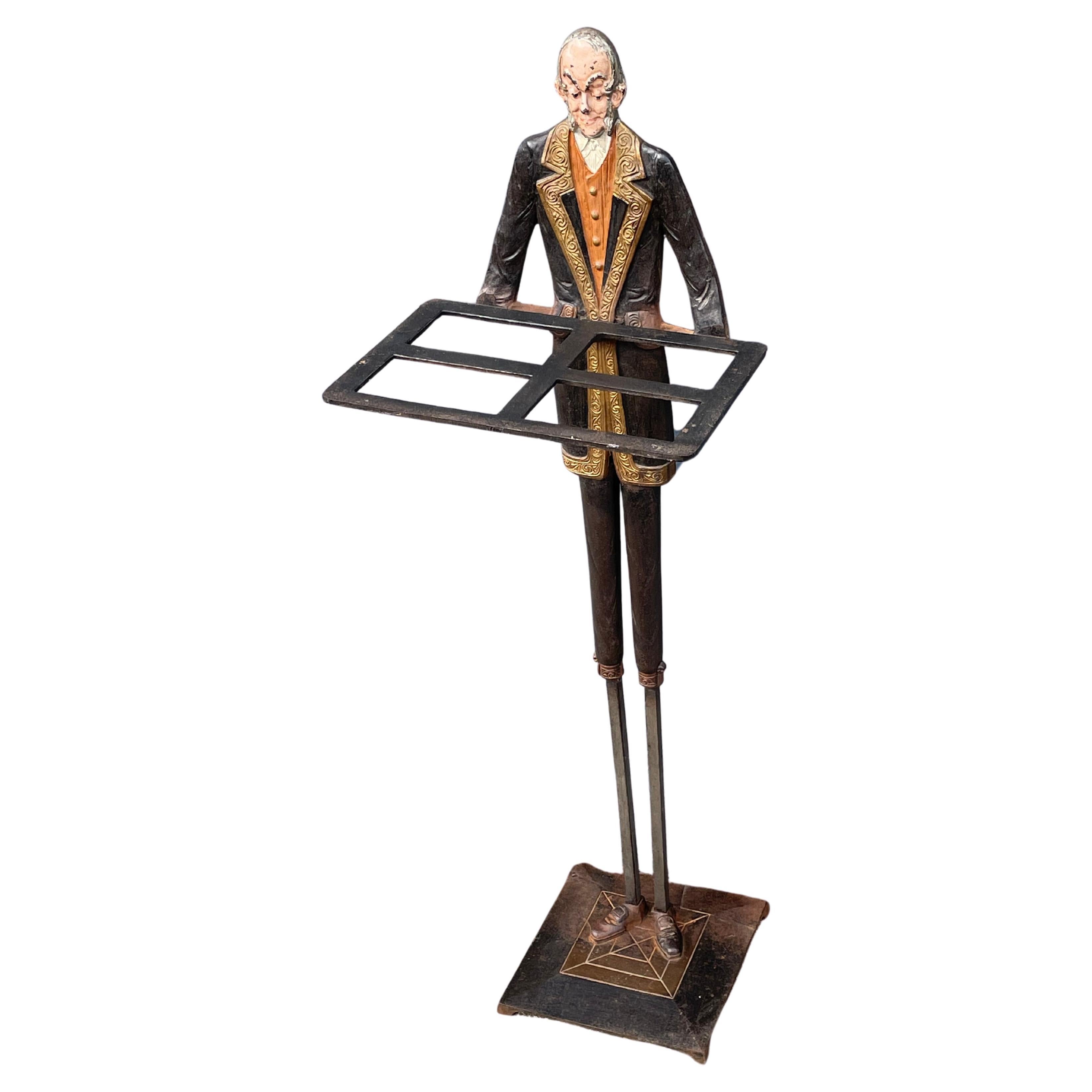 Art Deco Era, Cast Iron Tray or Umbrella Stand w. Painted Servant Sculpture 1920 For Sale