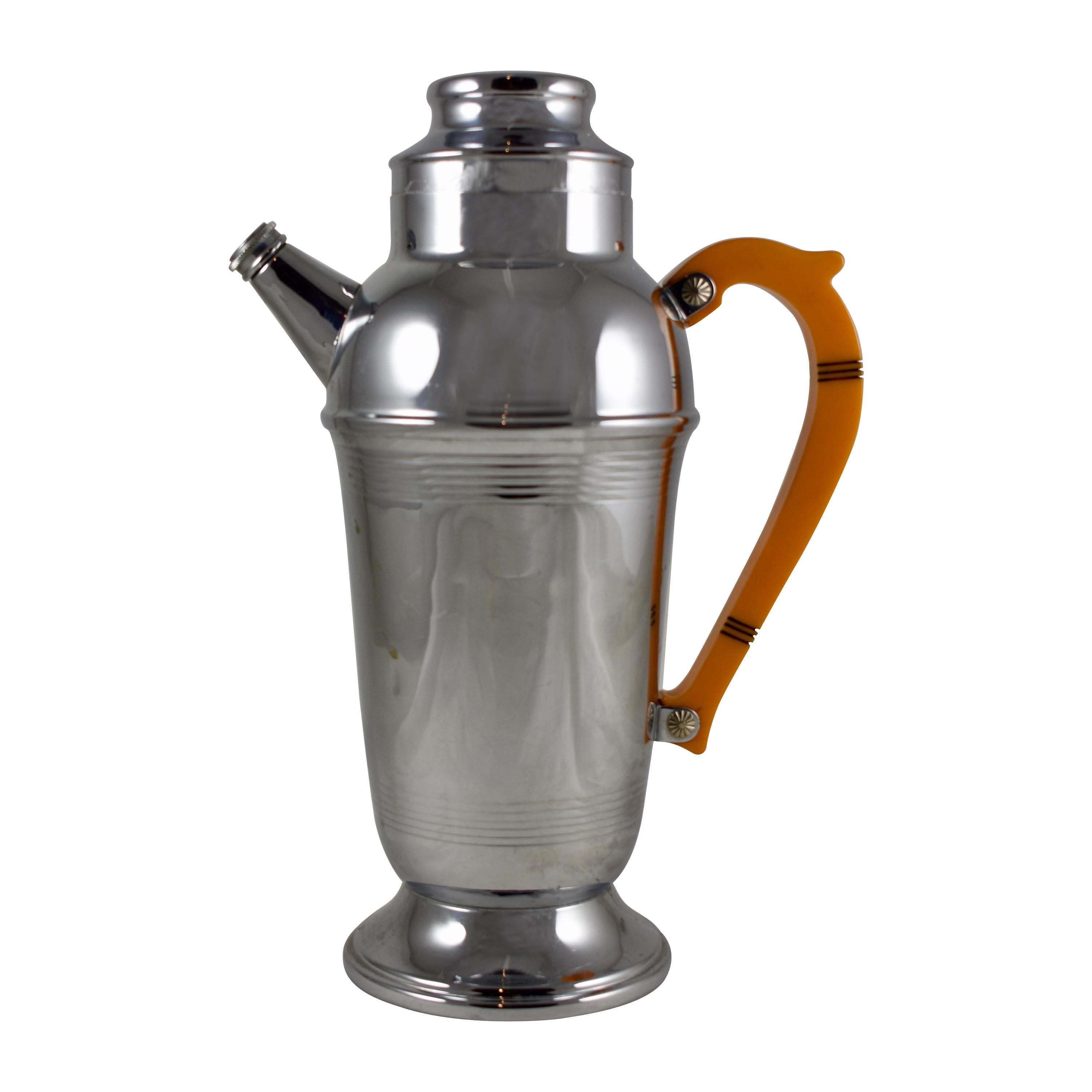 Art Deco Era Chrome and Butterscotch Bakelite Handle Cocktail Shaker