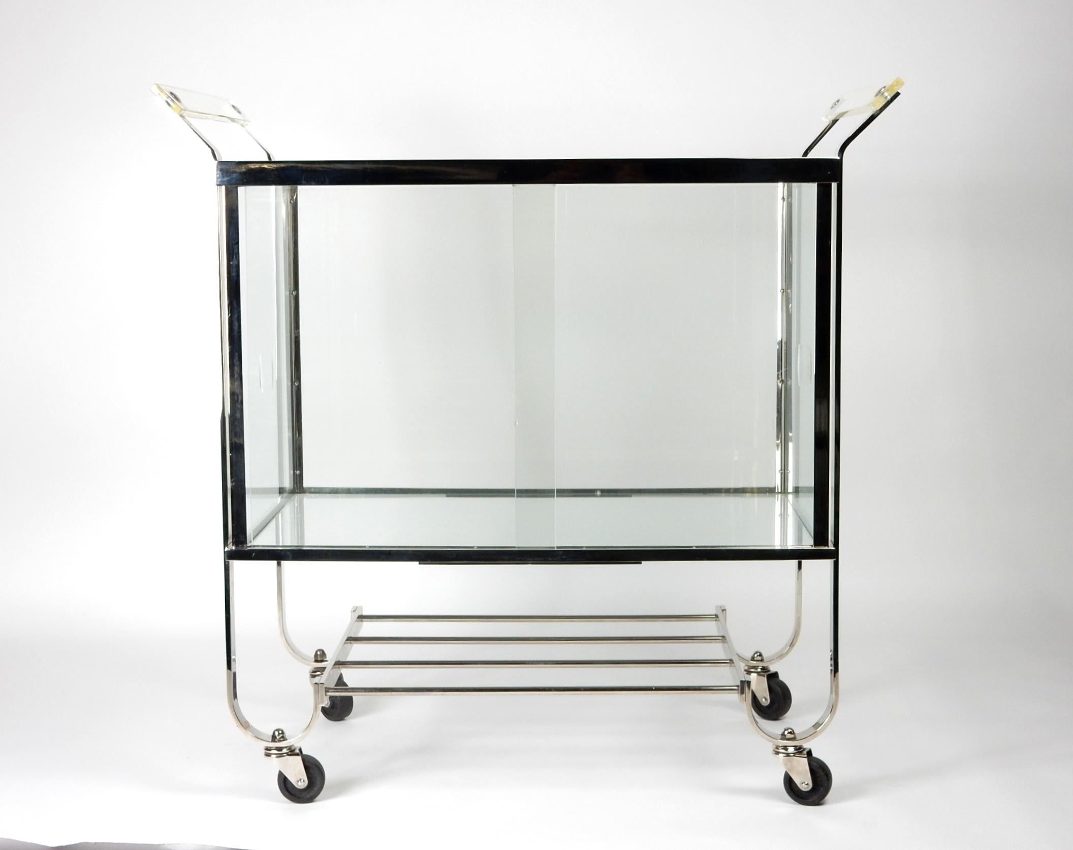 Steel Art Deco Era Chrome, Lucite and Glass Cabinet Bar Cart by Treitel Gratz For Sale