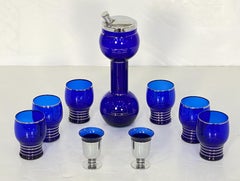 Art Deco Era Cobalt Blue Glass Barbell Martini Cocktail Shaker Set from France
