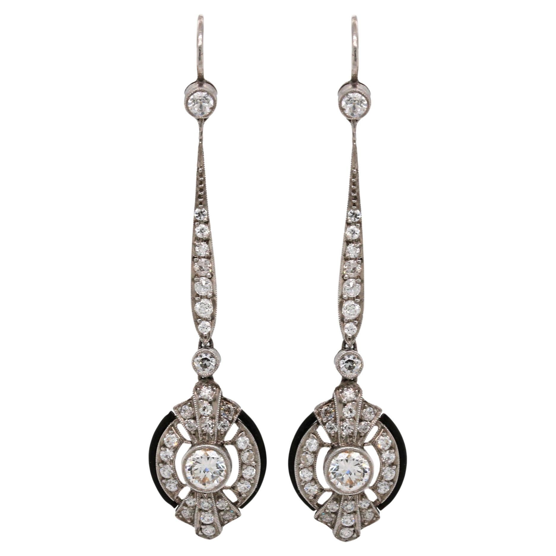 Art Deco Era Diamond & Black Enamel Dangle Earrings For Sale