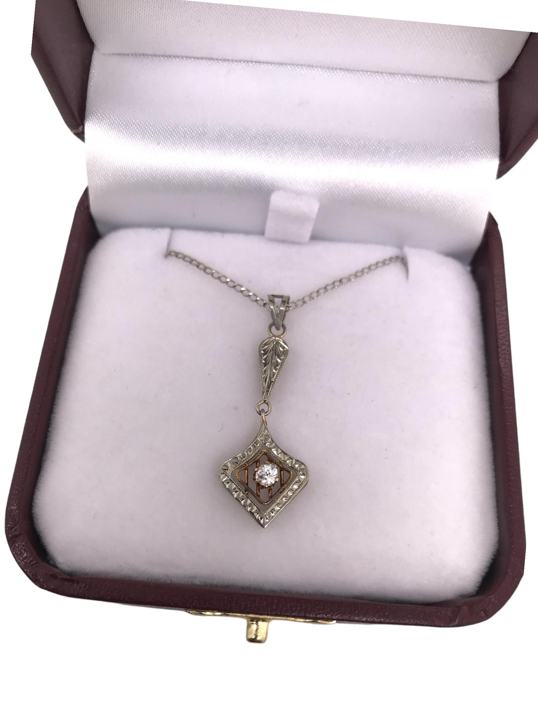 Women's Art Deco Era Diamond Pendant 14K White & Yellow Gold For Sale