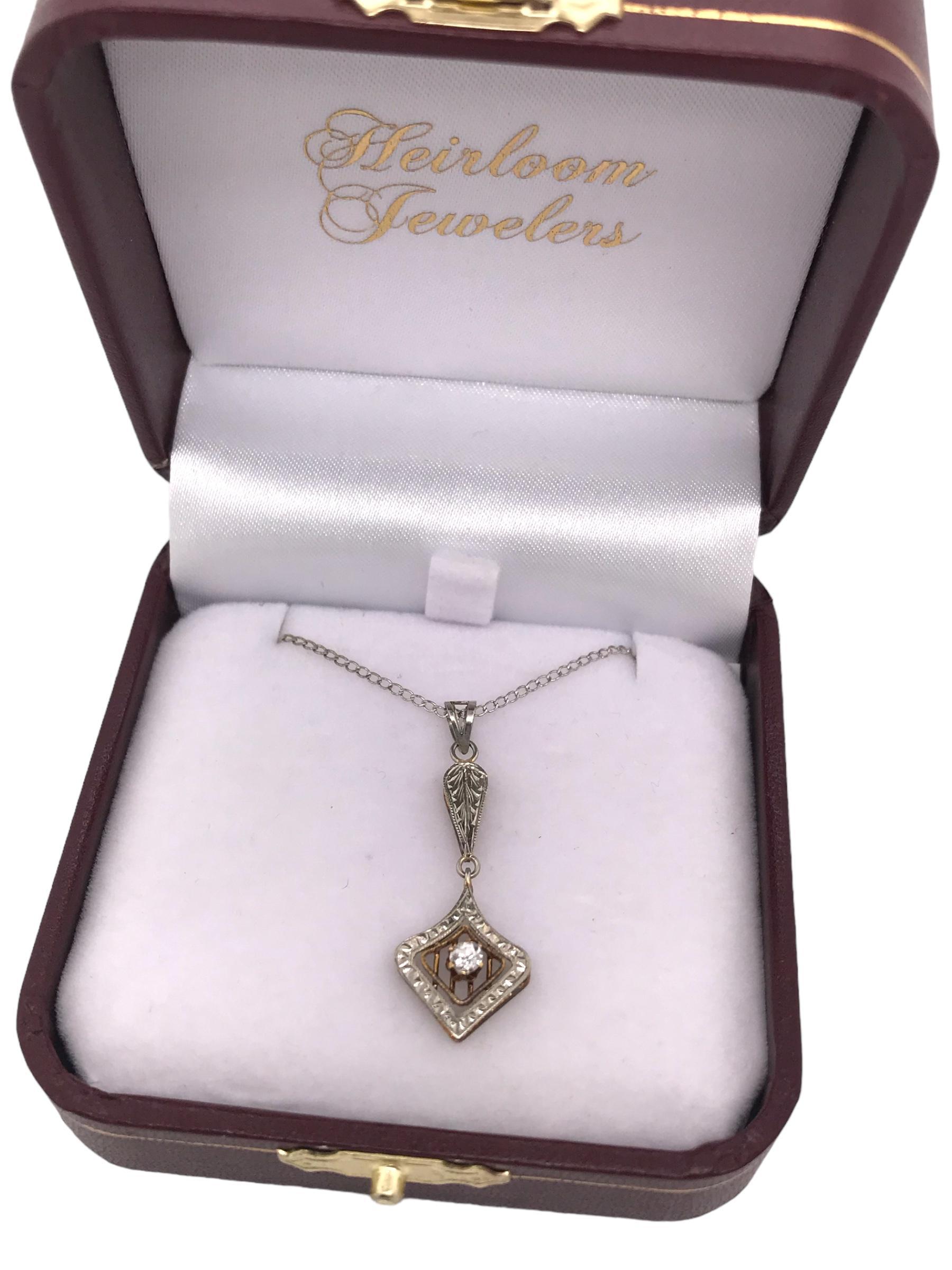 Art Deco Era Diamond Pendant 14K White & Yellow Gold For Sale 2