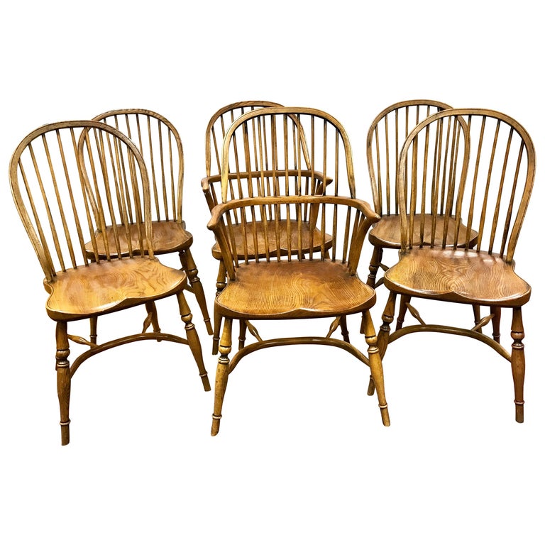 English Handcrafted Oak Wood Windsor Spindle Back Dining Chairs at 1stDibs