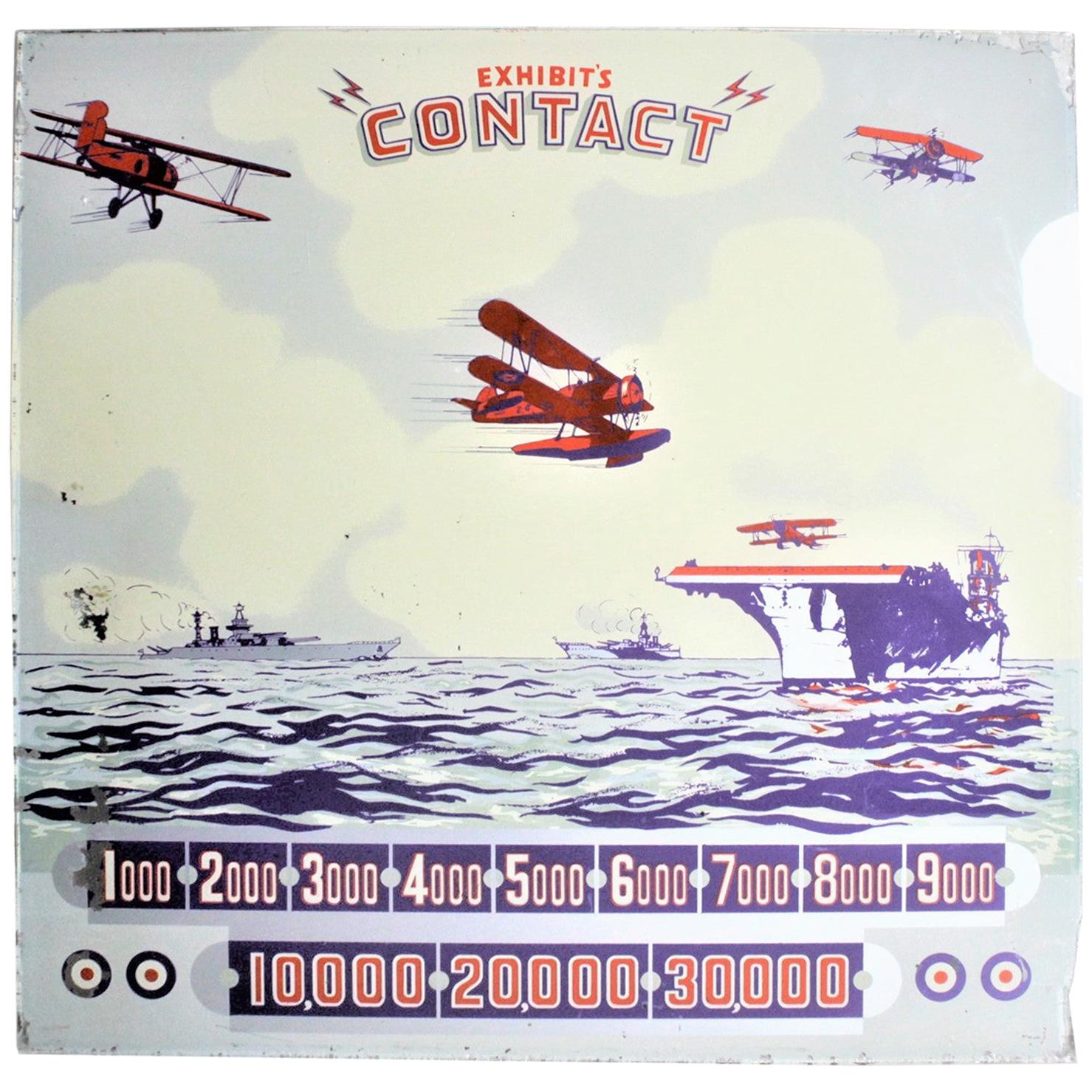 Art Deco Era "Exhibit's Contact" Military Aircraft Pinball Machine Back Glass For Sale