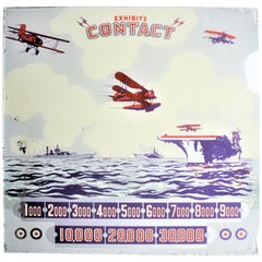 Art Deco Era "Exhibit's Contact" Military Aircraft Pinball Machine Back Glass