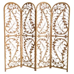 Used Art Deco Era Four Panel Rattan Peacock Screen Room Divider, 1940s