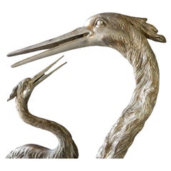 Art Deco Era Garden Platinum Goliath Heron Crane Fountain Sculptures 6+ feet