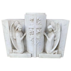 Art Deco Era, Hand Carved Marble Sculpture of Winged Earth Angels by the Cross