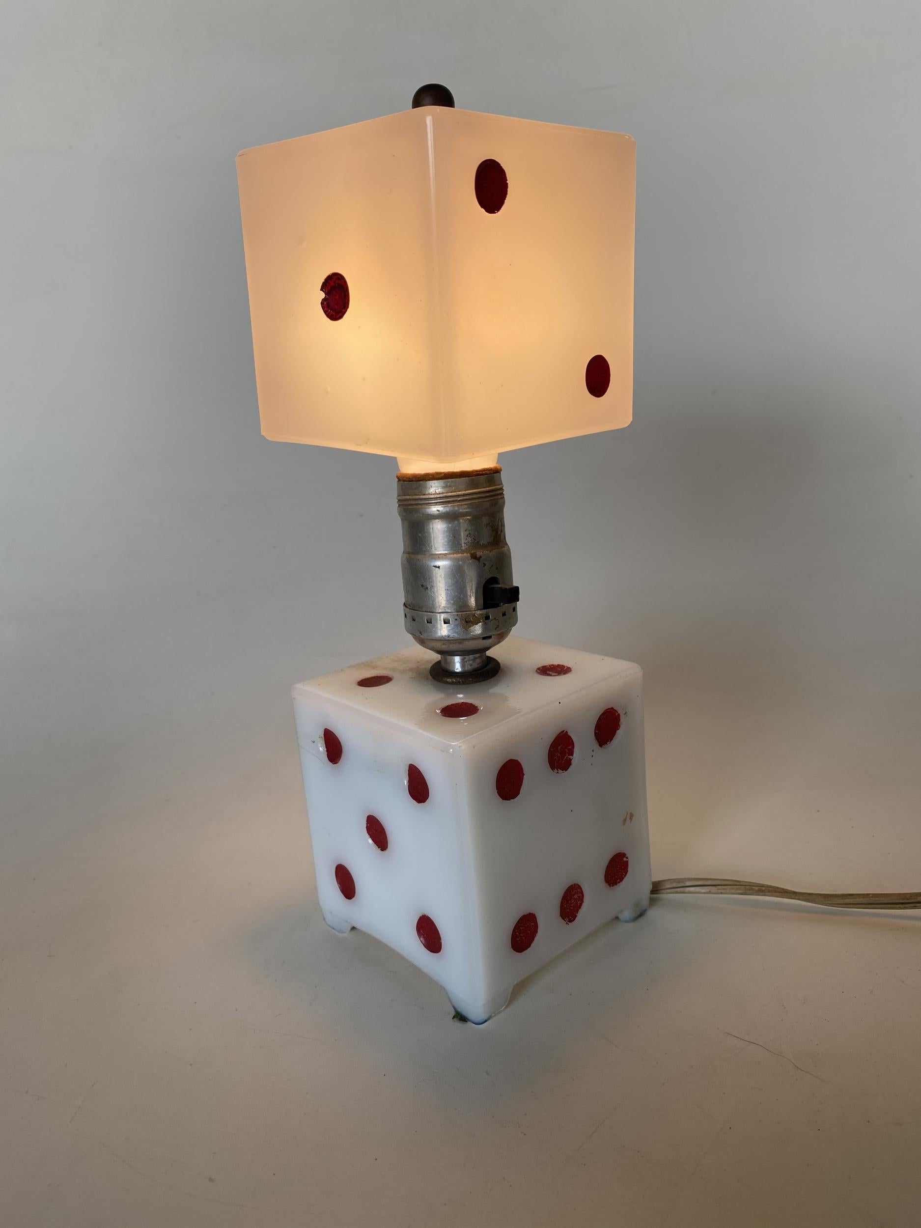 Original milk glass Las Vegas style playing dice table lamp.