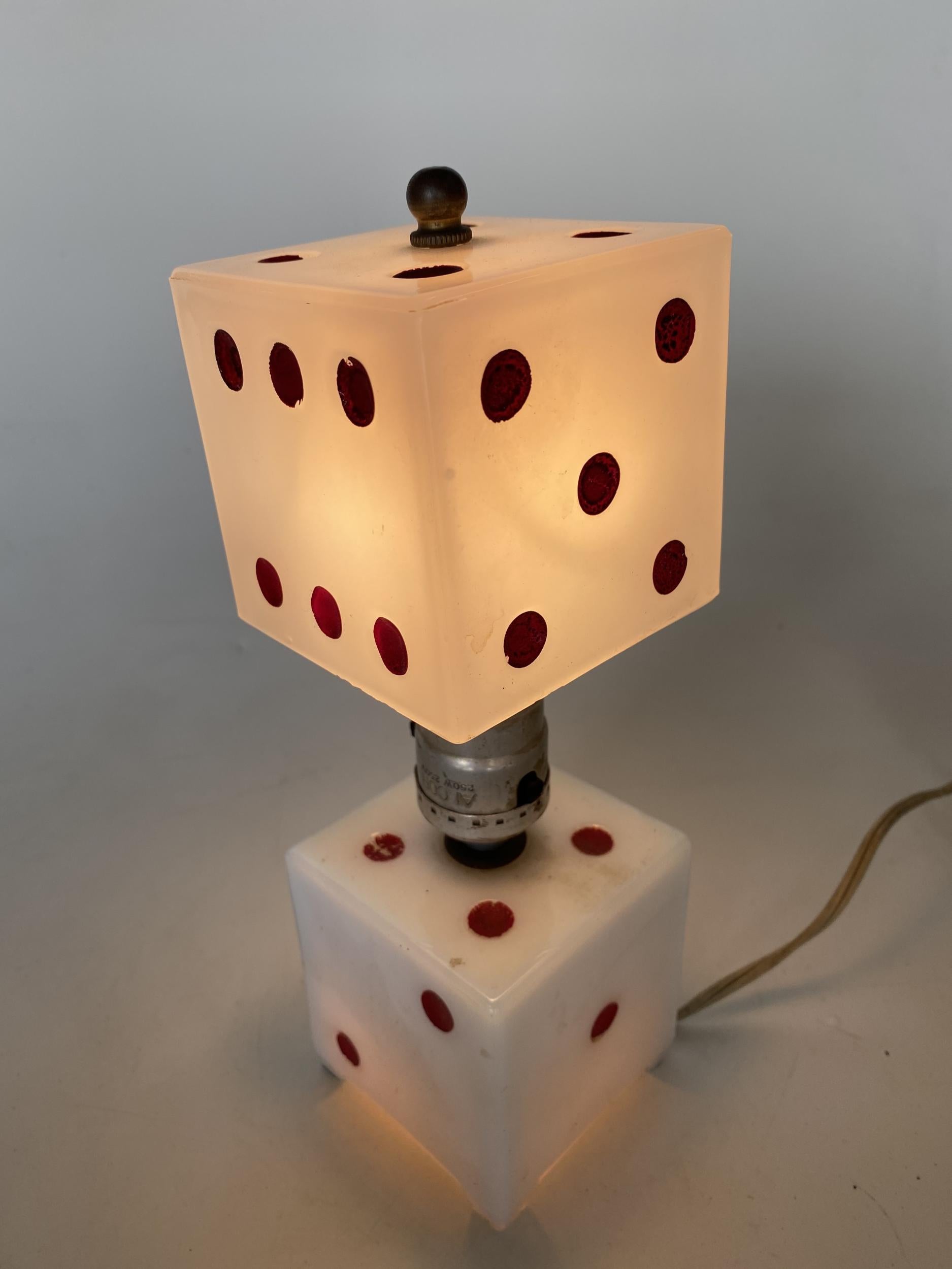 American Art Deco Era Milk Glass Las Vegas Dice Table Lamp