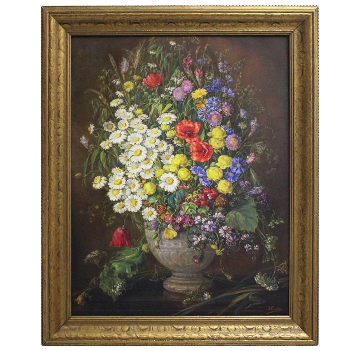 Art Deco Ära Öl auf Leinwand Gemälde Wildblumen von Emil Fiala Wien, 1930er Jahre