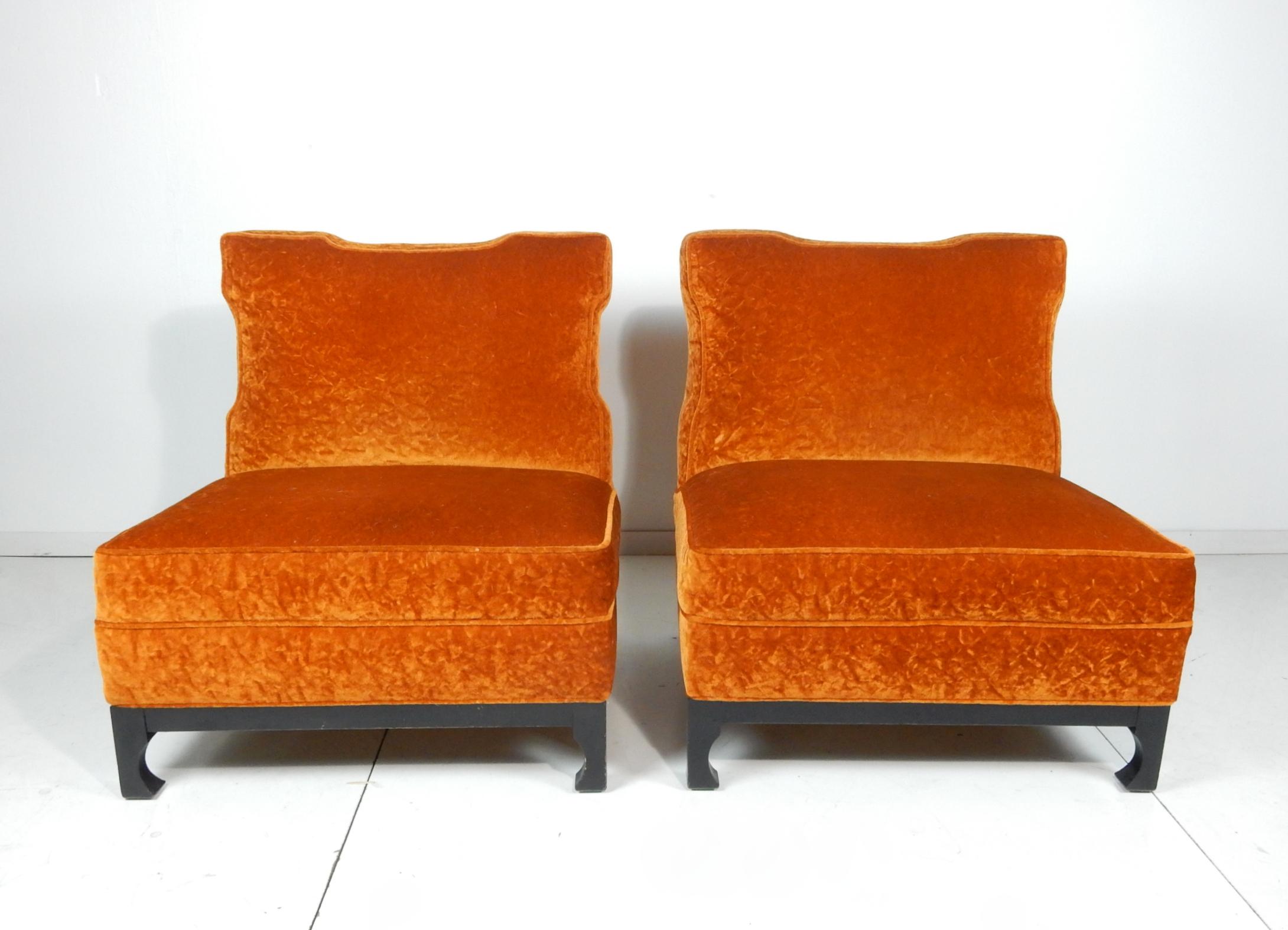 Mid-20th Century Art Deco Era Orange Velvet Slipper Chairs