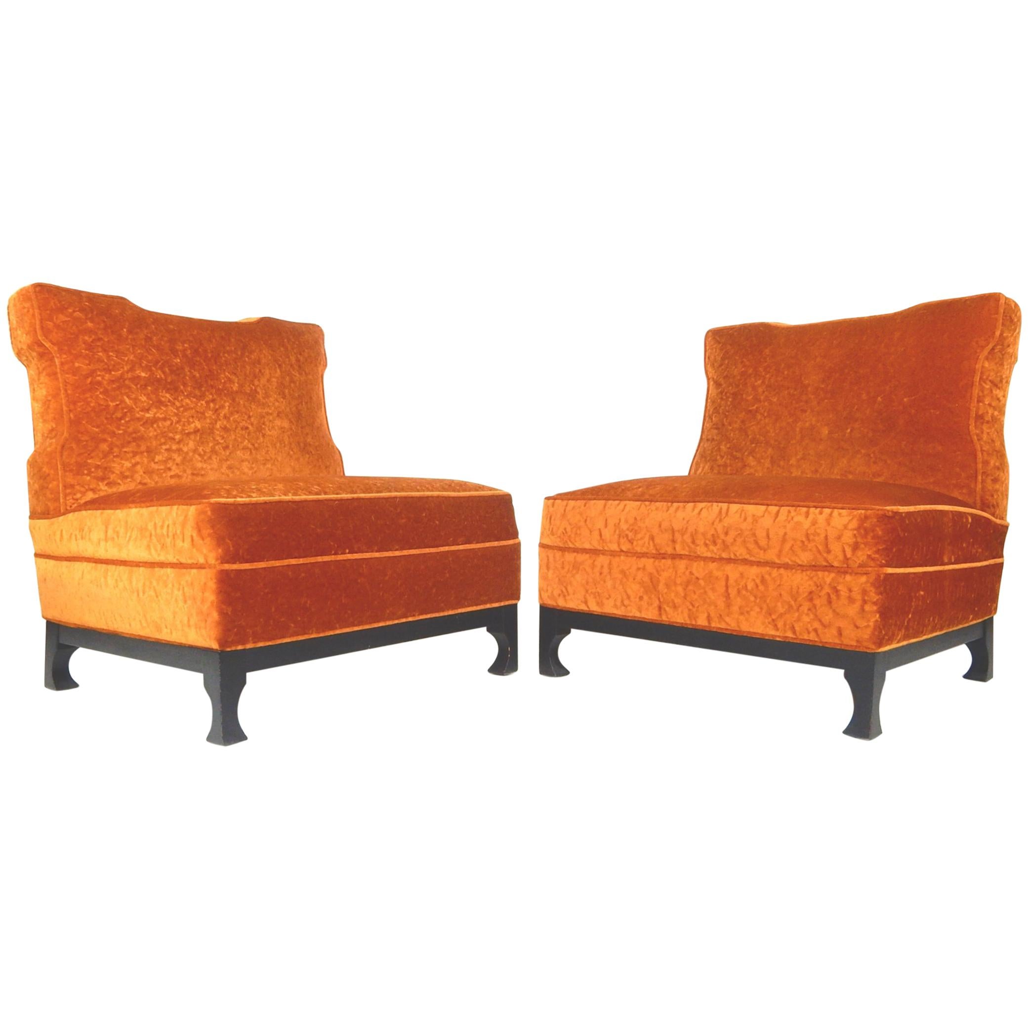 Art Deco Era Orange Velvet Slipper Chairs