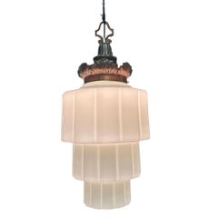 Art Deco Era Ornate Brass Pendant Light w/ Stepped Milk Glass Skyscraper Shade