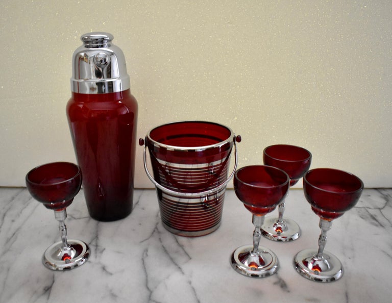 Art Deco Era Paden City Glass Ruby Red and Chrome SixPiece Cocktail