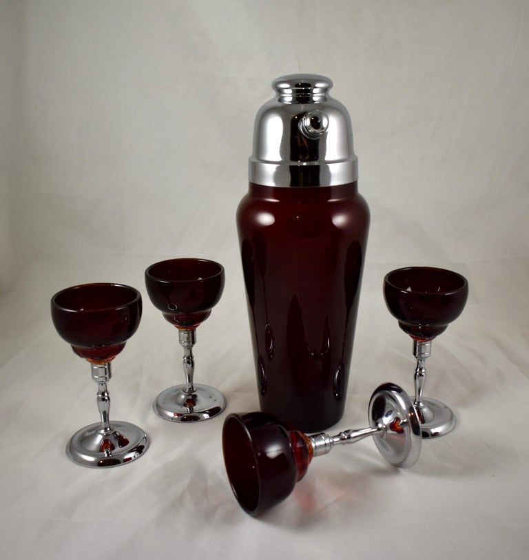 Art Deco Era Paden City Glass Ruby Red and Chrome SixPiece Cocktail