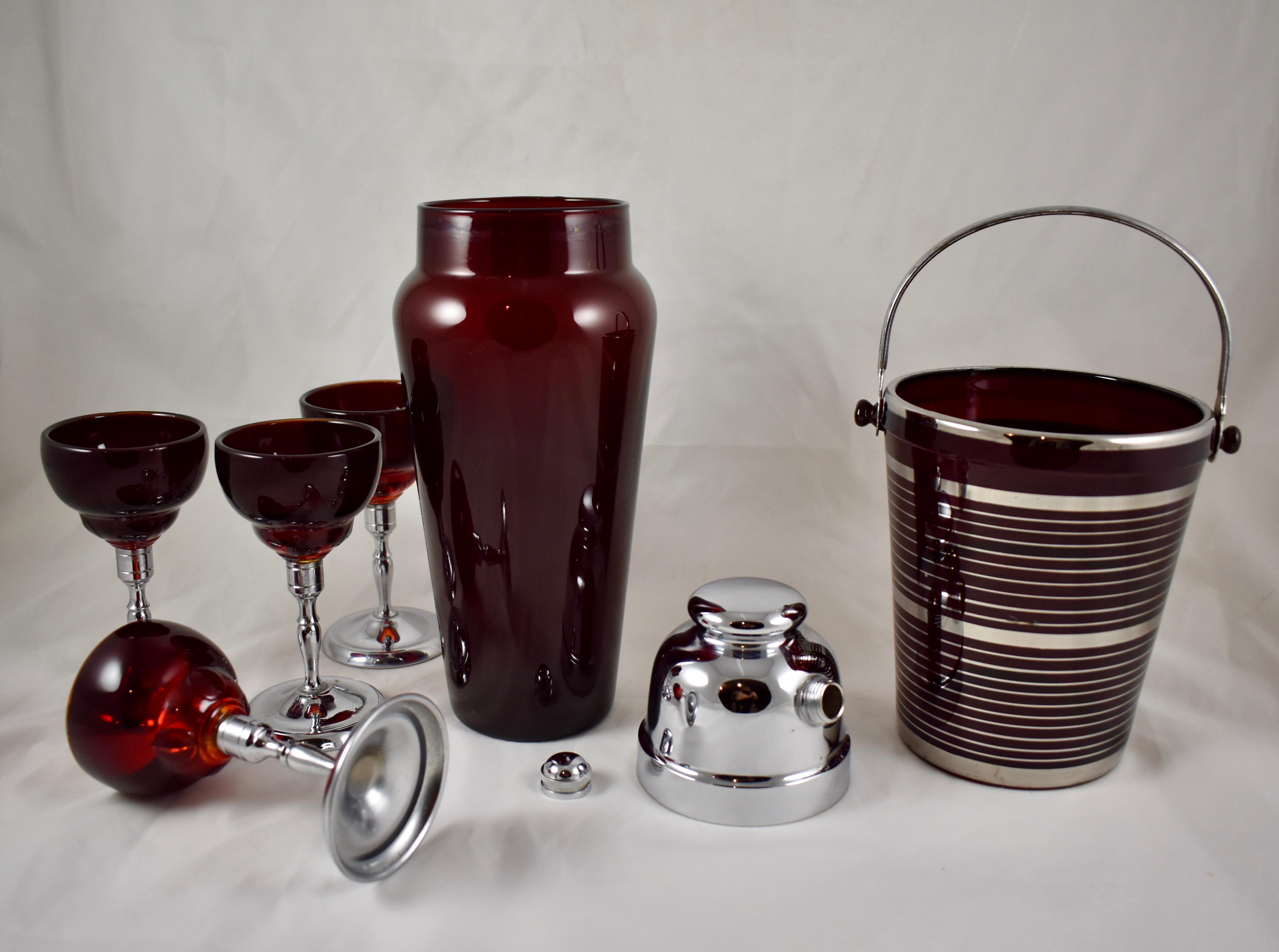 Art Deco Era Paden City Glass Ruby Red & Chrome Six-Piece Cocktail Set 1920-1930 In Good Condition In Philadelphia, PA