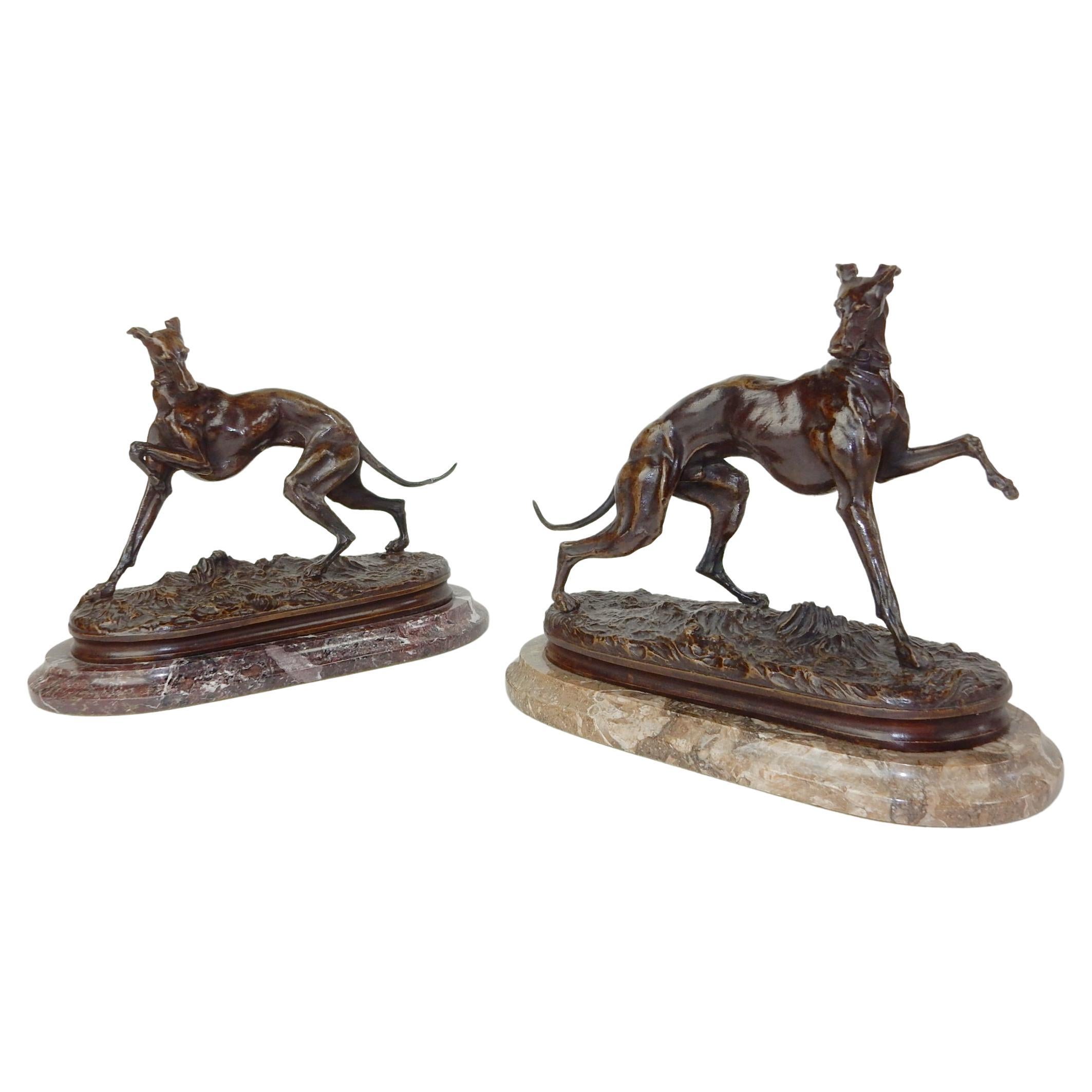 Art Deco Era Pierre Jules "P.J." Mene 1810-1879 Bronze Greyhound Sculptures For Sale
