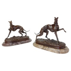 Art Deco Era Pierre Jules "P.J." Mene 1810-1879 Bronze Greyhound Sculptures