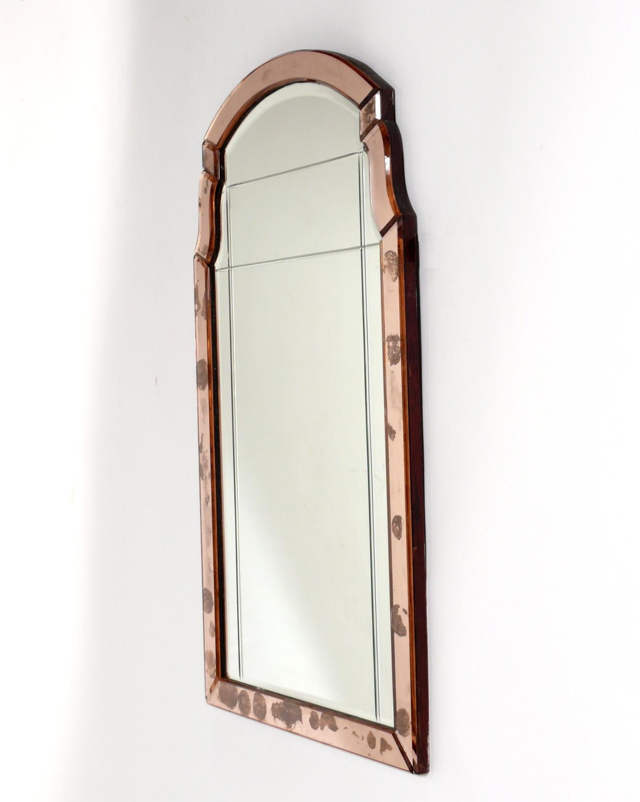 Glamorous Pink Art Deco Era Mirror, believed to be British, circa 1930s. Retains it's original distressed patina that you only get with age.