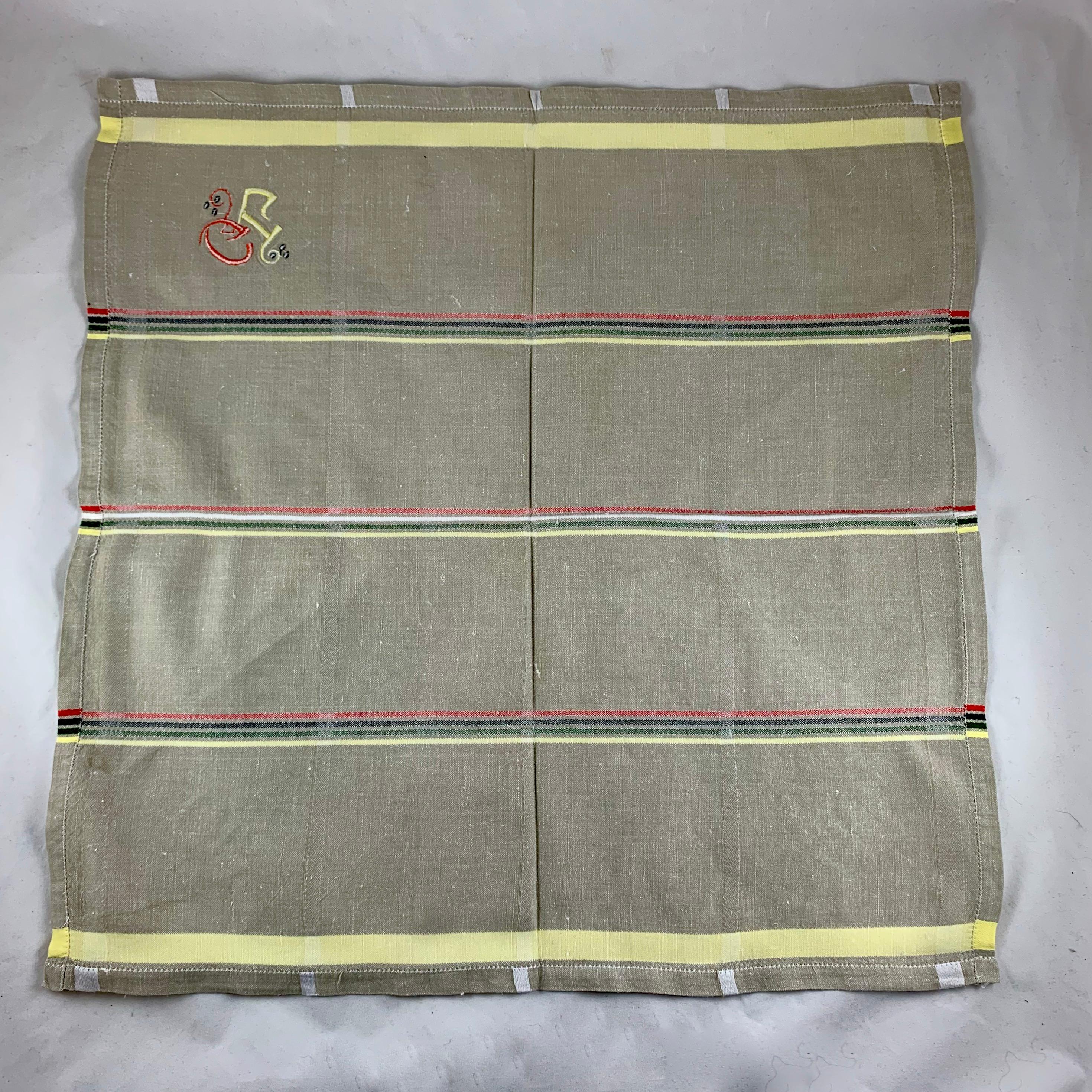 Art Deco Era Plaid Taupe Embroidered Provençal Linen Napkin Serviettes Set of 12 For Sale 6