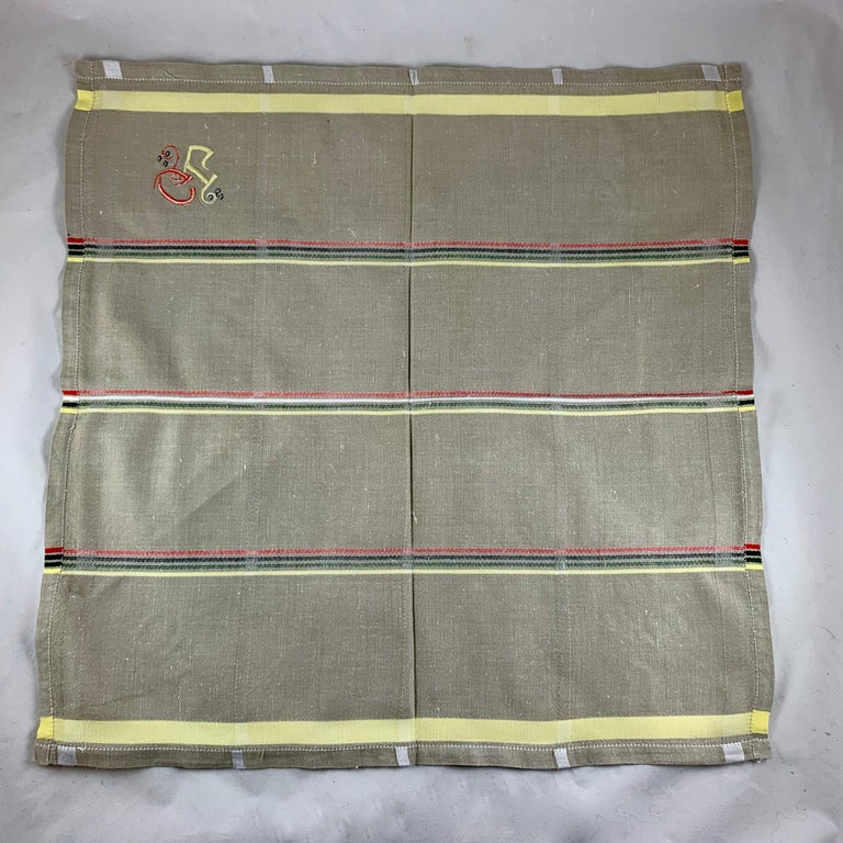 Art Deco Era Plaid Taupe Embroidered Provençal Linen Napkin Serviettes Set of 12 For Sale at