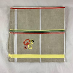 Art Deco Era Plaid Taupe Embroidered Provençal Linen Napkin Serviettes Set of 12