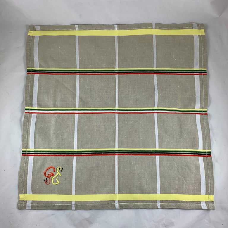 Art Deco Era Plaid Taupe Embroidered Provençal Linen Napkin Serviettes Set of 12 For Sale at