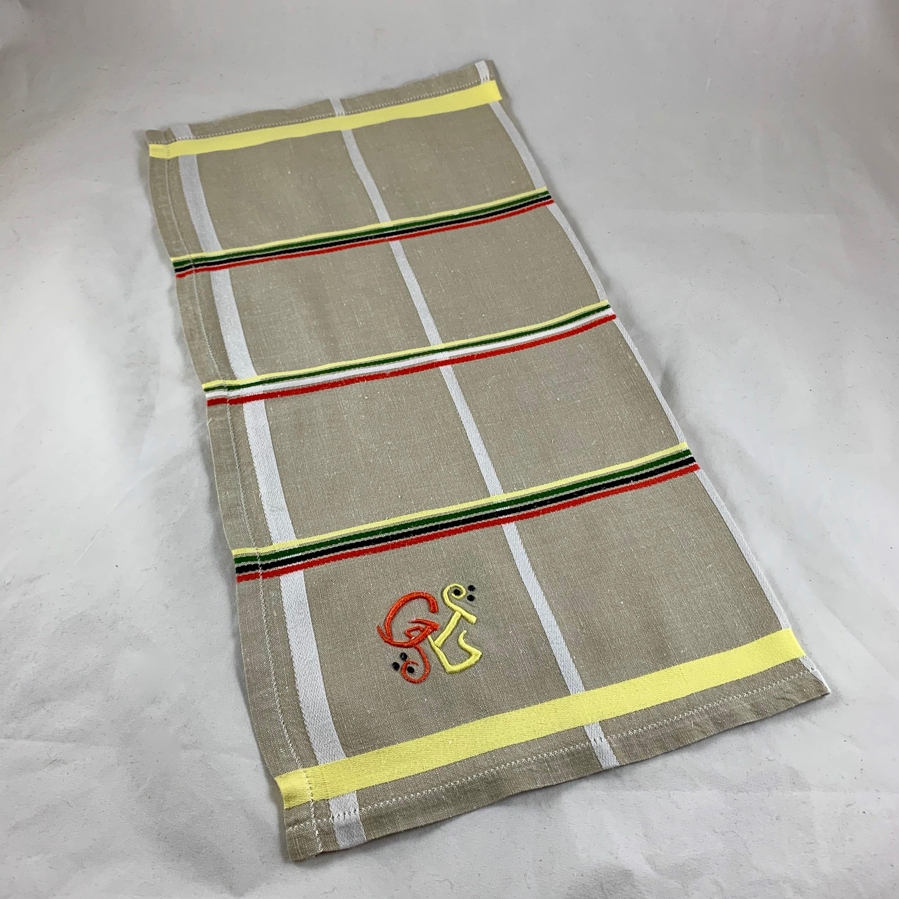 Art Deco Era Plaid Taupe Embroidered Provençal Linen Napkin Serviettes Set of 12 For Sale 1