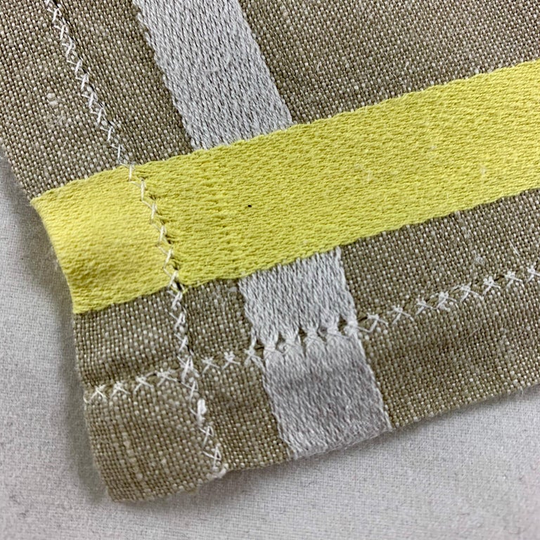 Art Deco Era Plaid Taupe Embroidered Provençal Linen Napkin Serviettes Set of 12 For Sale at