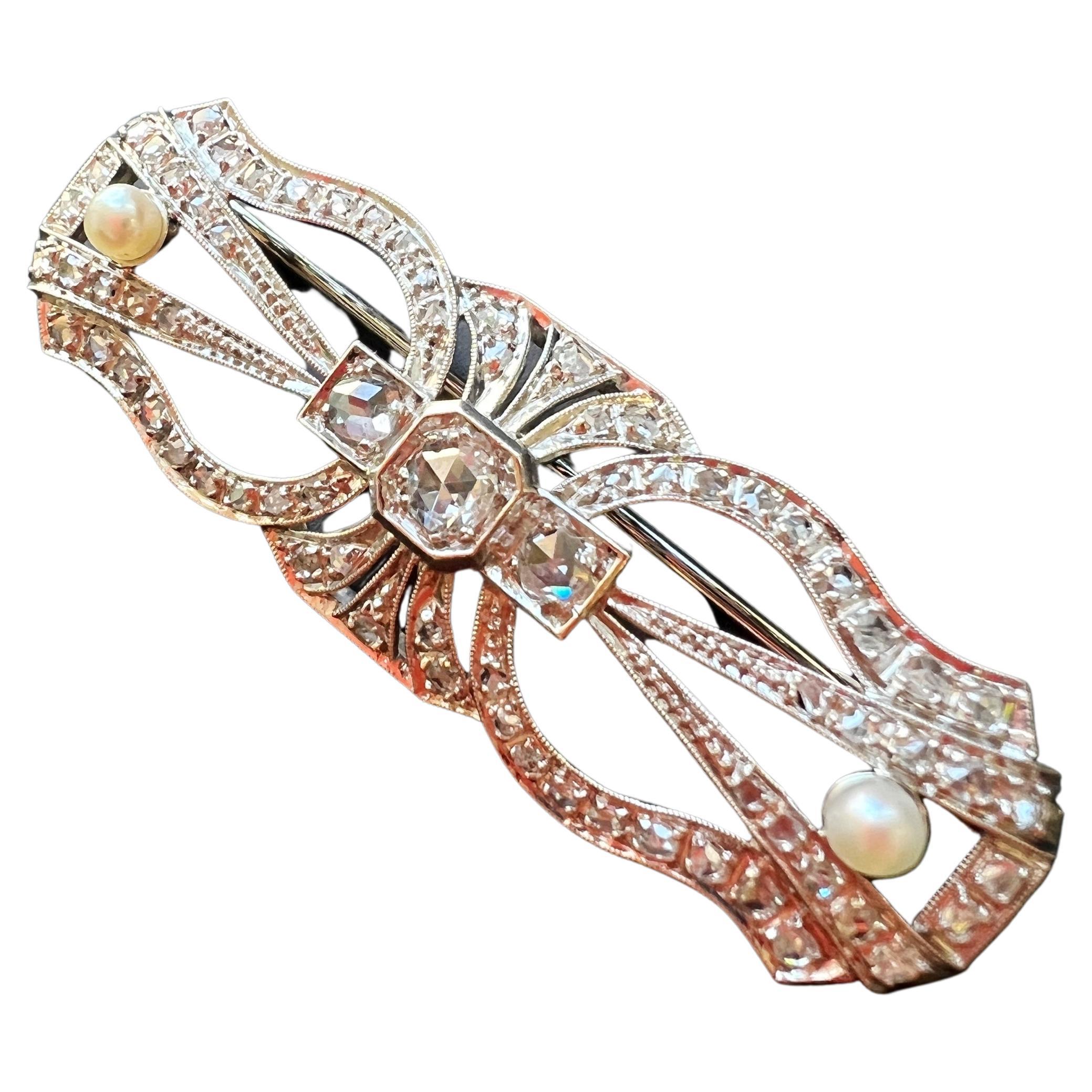Platin 18 Karat Gold Diamant-Perlenbrosche im Art déco-Stil