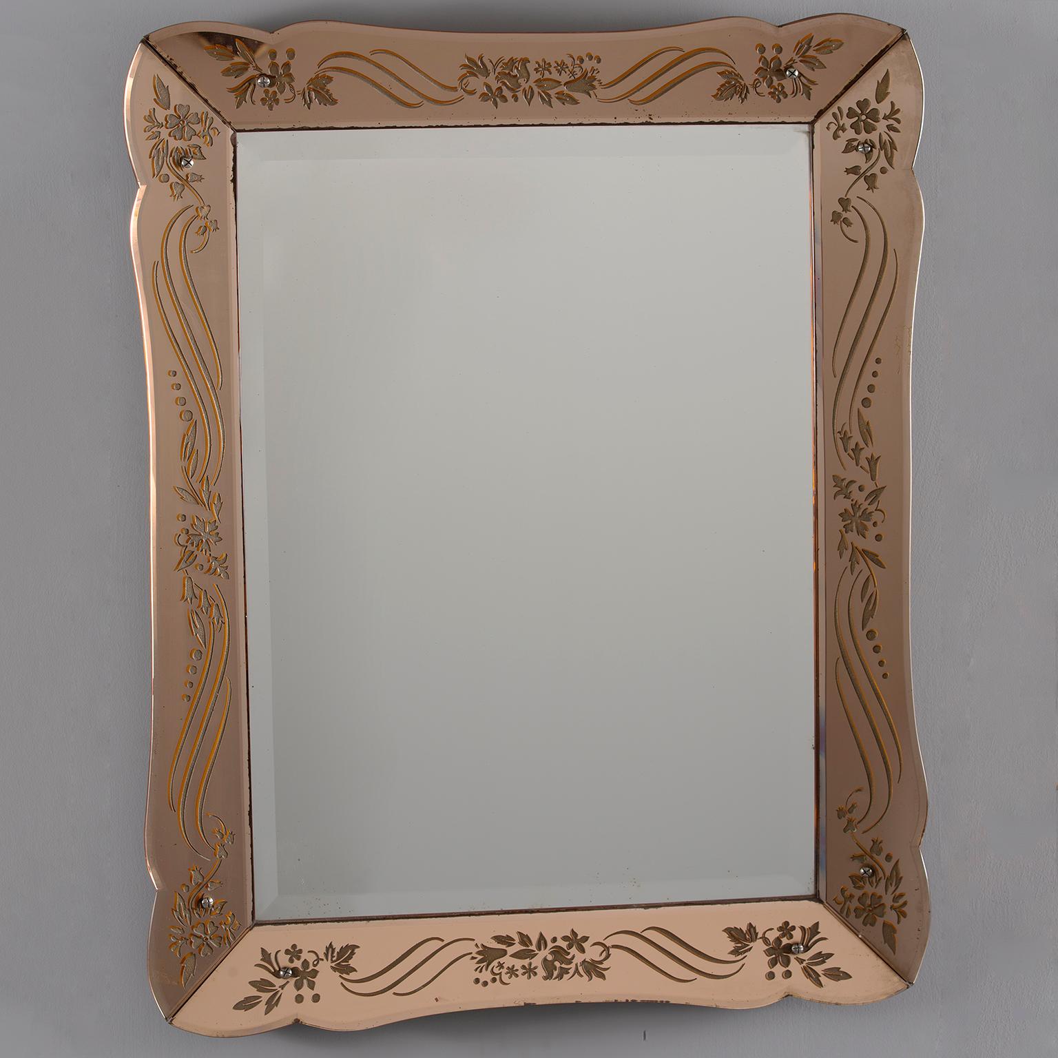 Mid-20th Century Art Deco Era Rectangular Etched Venetian Mirror