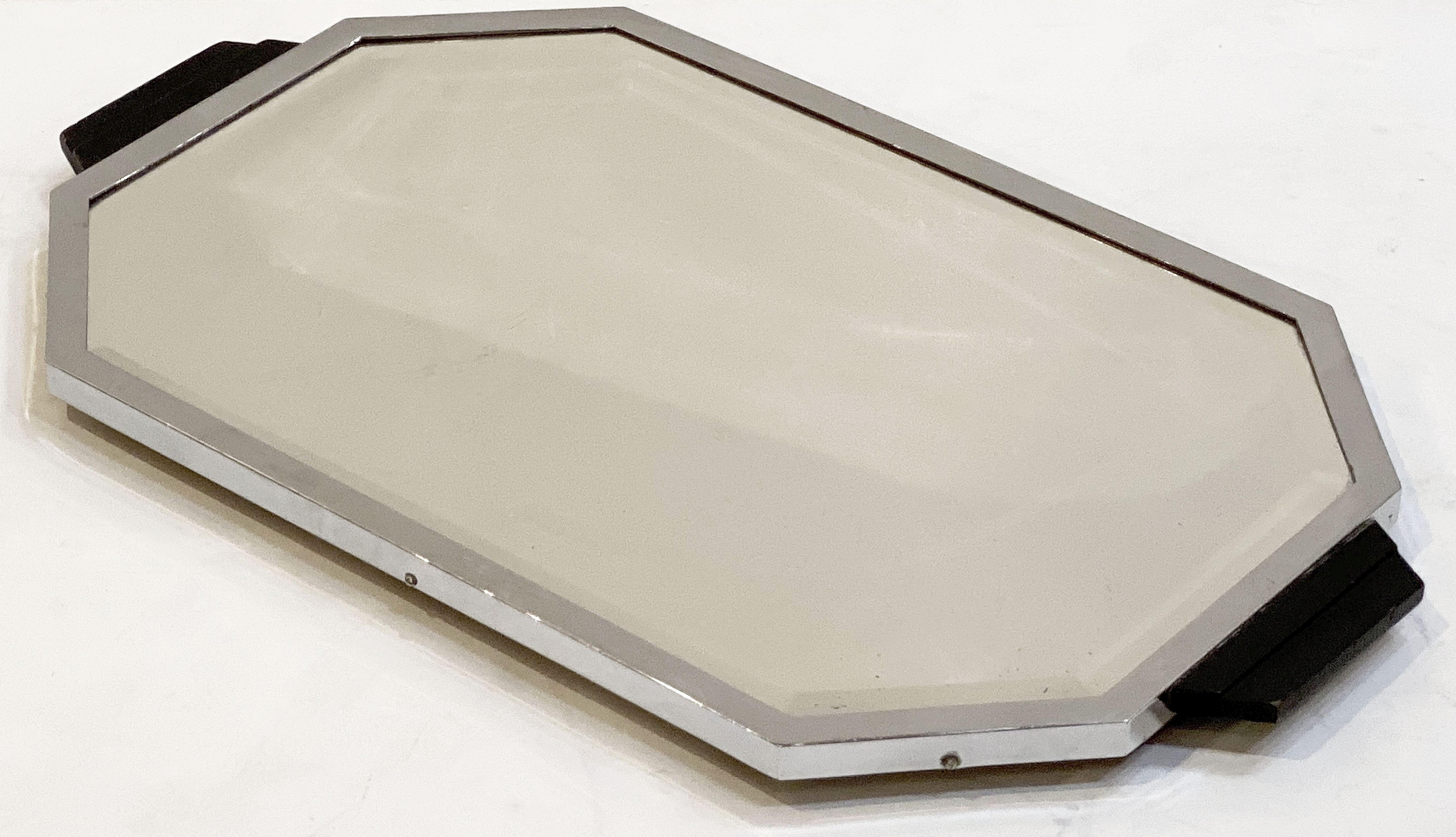 Art Deco Era Rectangular Mirrored Tray of Chrome and Wood from England 4