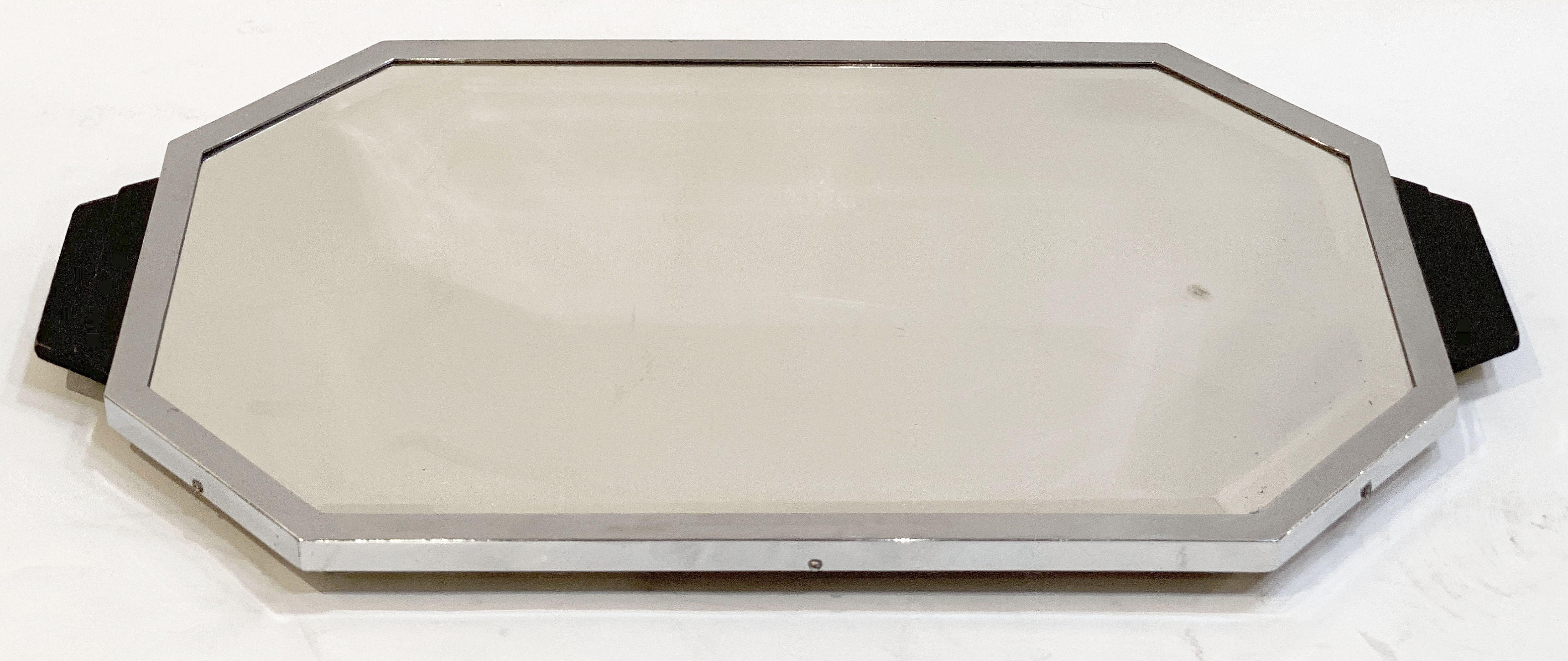 English Art Deco Era Rectangular Mirrored Tray of Chrome and Wood from England