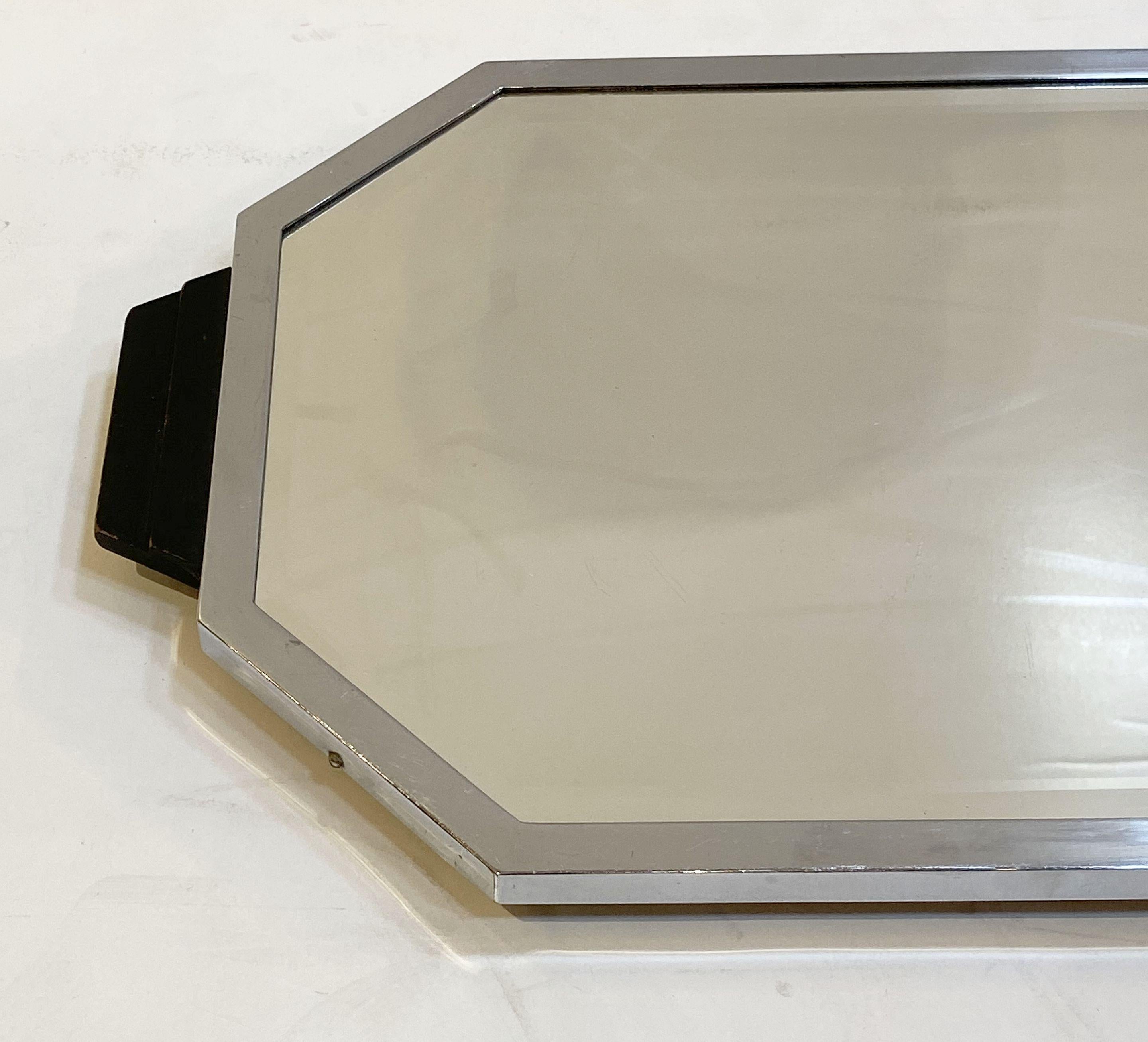 20th Century Art Deco Era Rectangular Mirrored Tray of Chrome and Wood from England