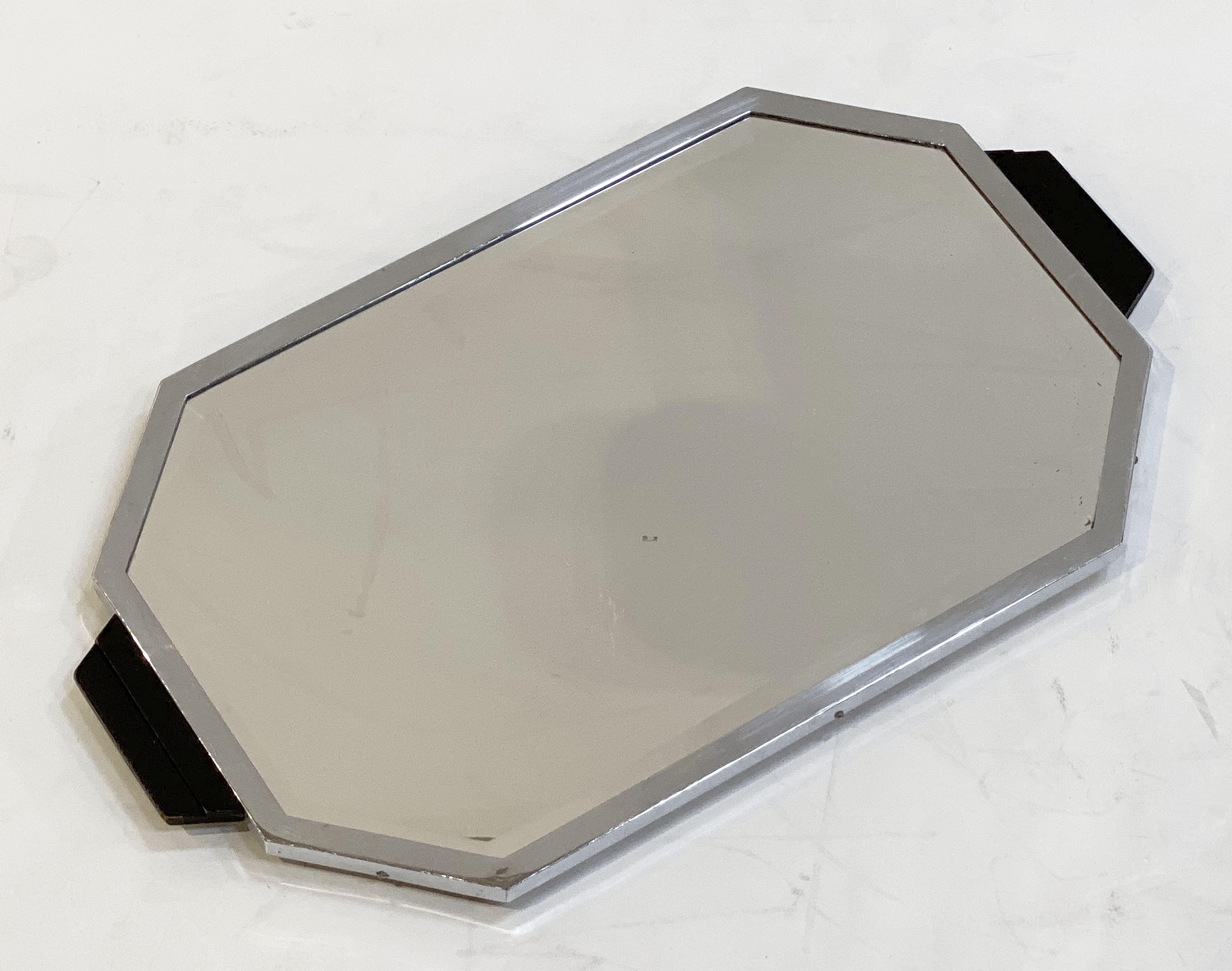 Art Deco Era Rectangular Mirrored Tray of Chrome and Wood from England 1