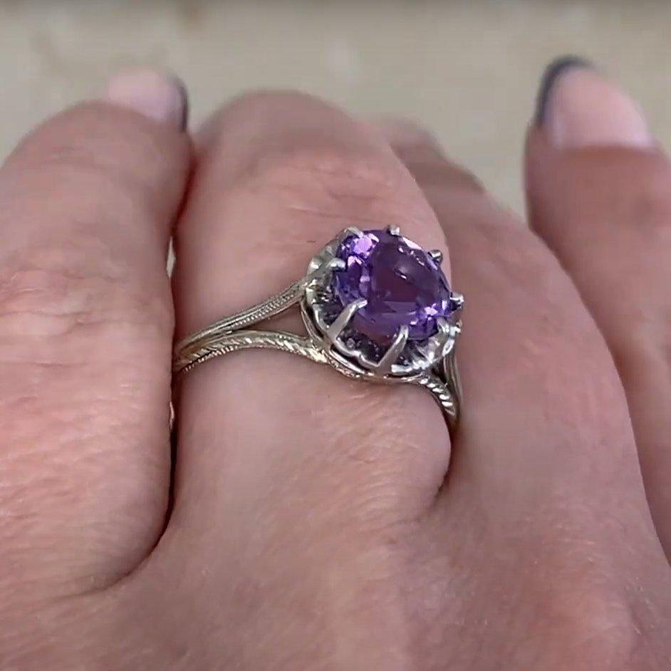 Anillo de amatista redonda de la época Art Déco (aprox. 1,70 quilates), platino Corte redondo en venta