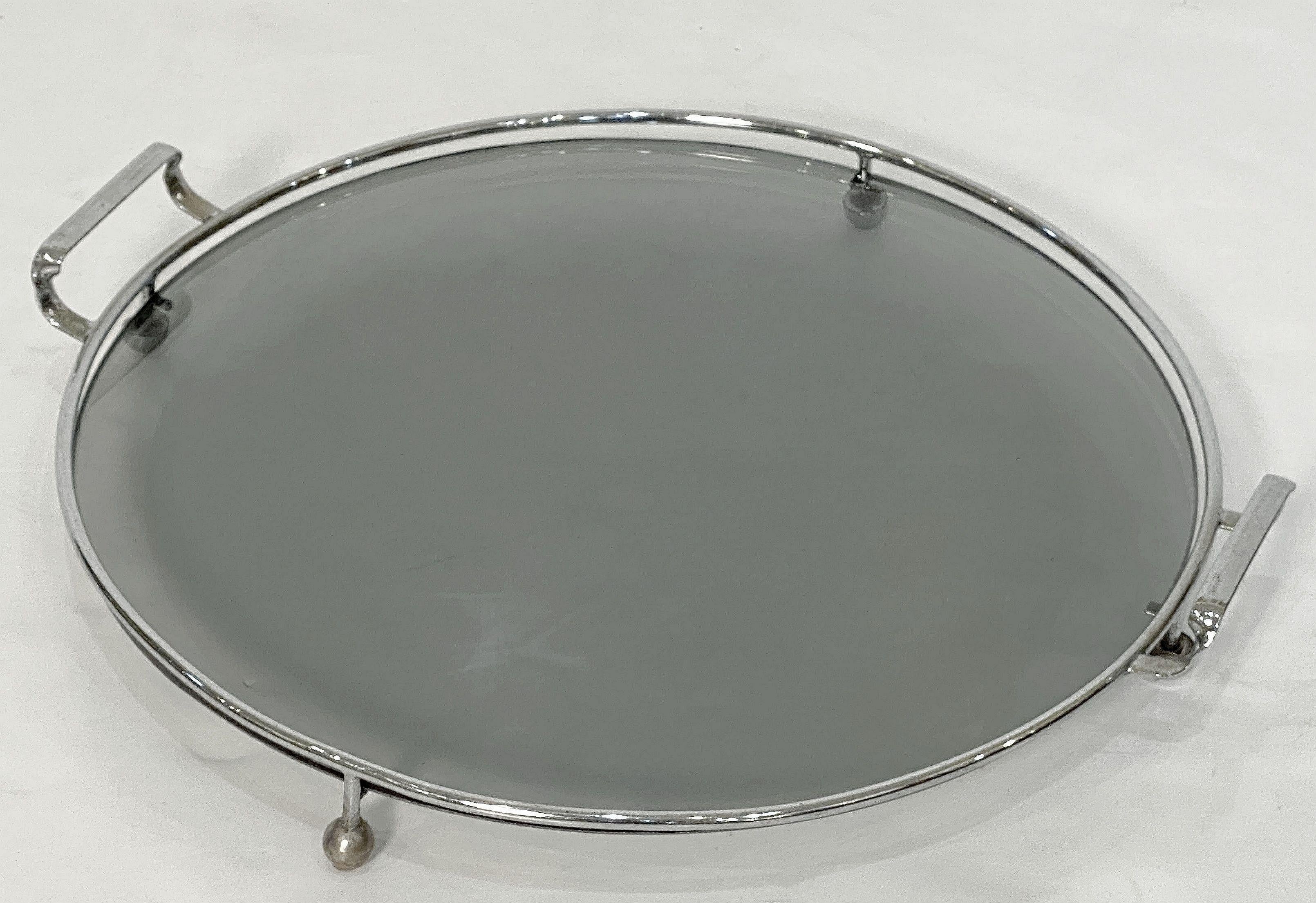 Art Deco Era Round Serving Tray of Chrome and Smoked Glass from England 4