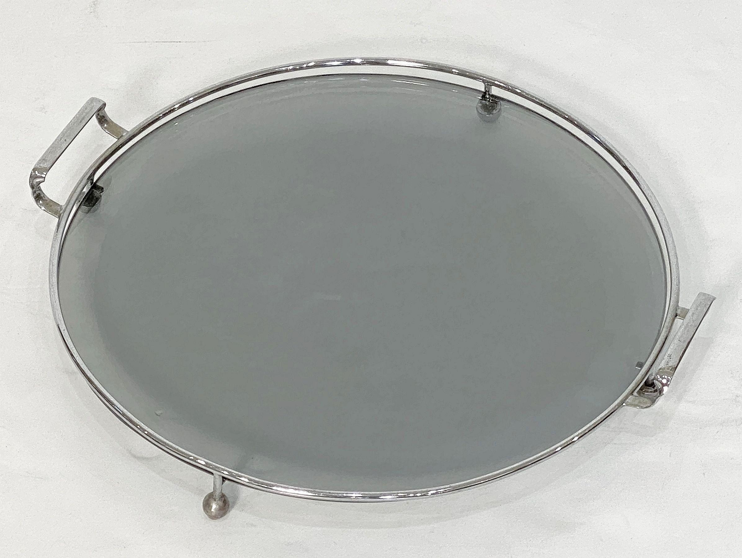 Art Deco Era Round Serving Tray of Chrome and Smoked Glass from England 5