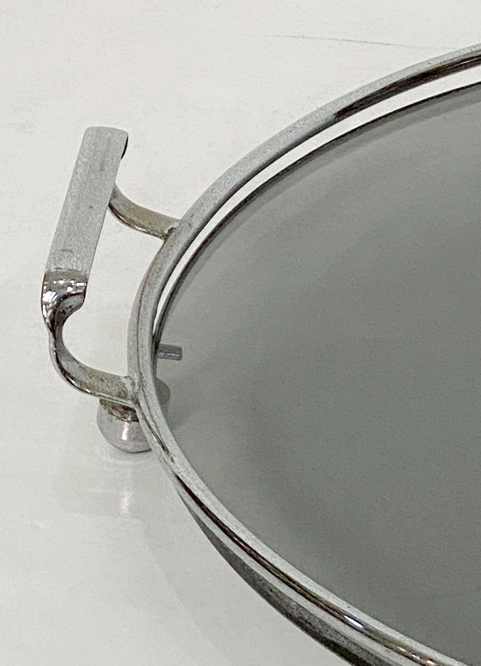 English Art Deco Era Round Serving Tray of Chrome and Smoked Glass from England